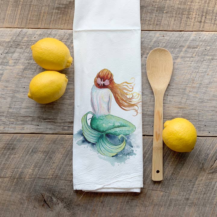 Watercolor Mermaid on Rock Flour Sack Tea Towel for wholesale by Meadowbrook Lane