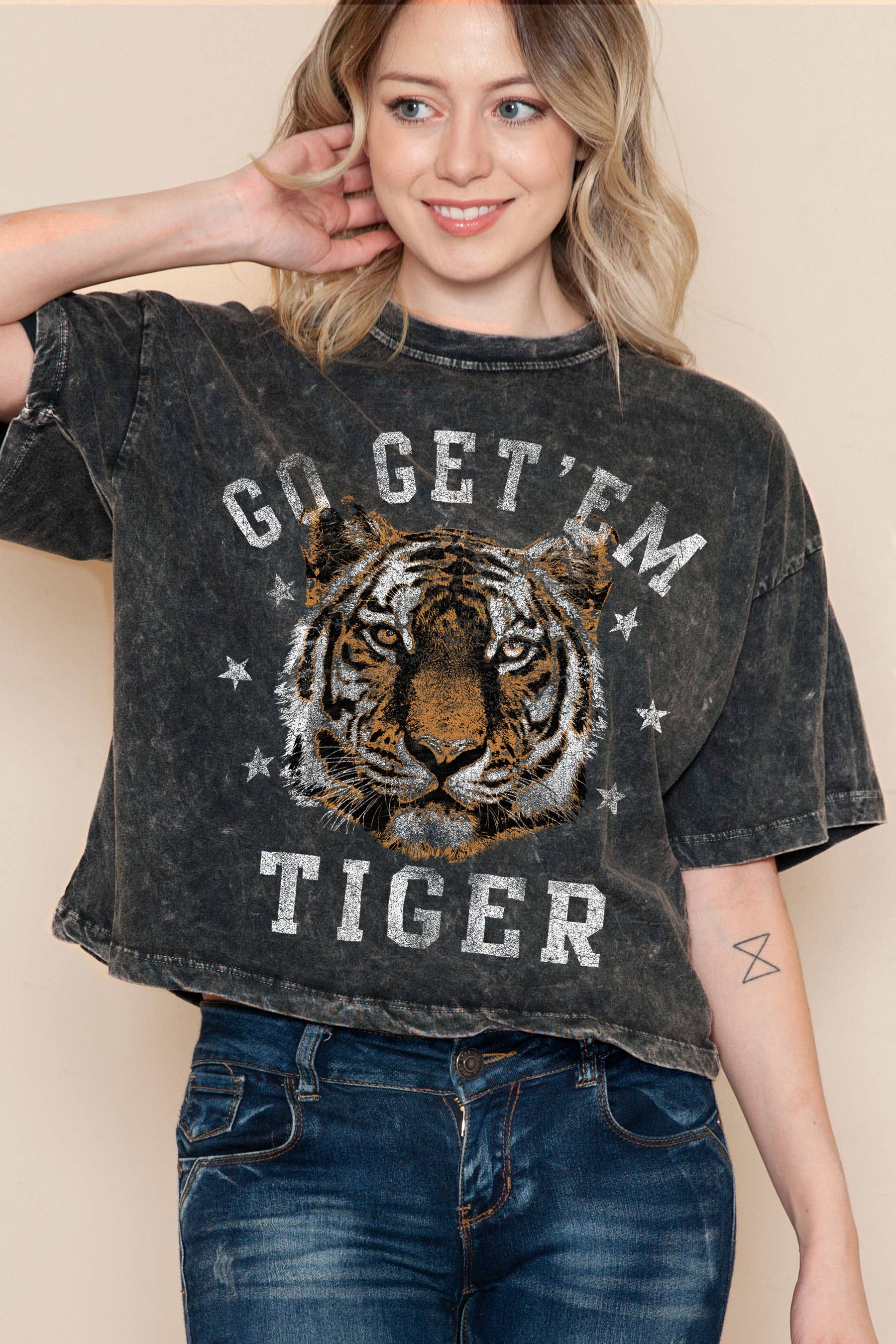 Charcoal Grey BT1407 CMT Tiger Go Get'em -Mineral Wash Cropped top for wholesale on Faire1