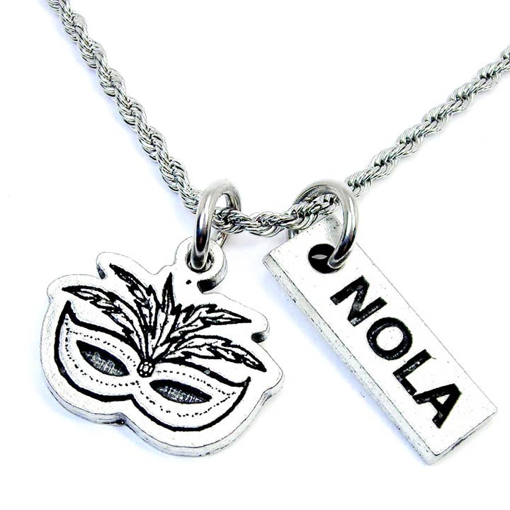 Mardi Gras mask with feathers and NOLA tab necklace for wholesale by Chubby Chico Charms