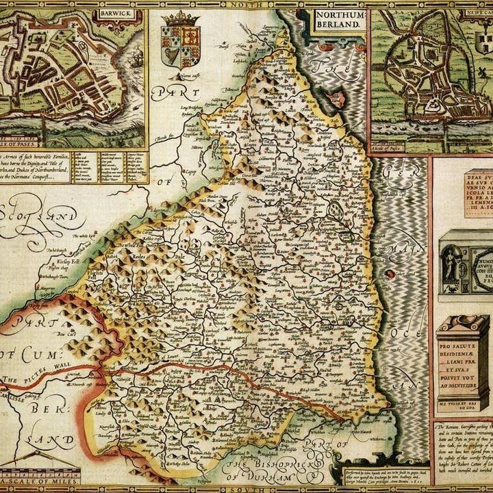 Mappa storica del Northumberland (1610) per la vendita all'ingrosso da parte di Map Marketing Limited