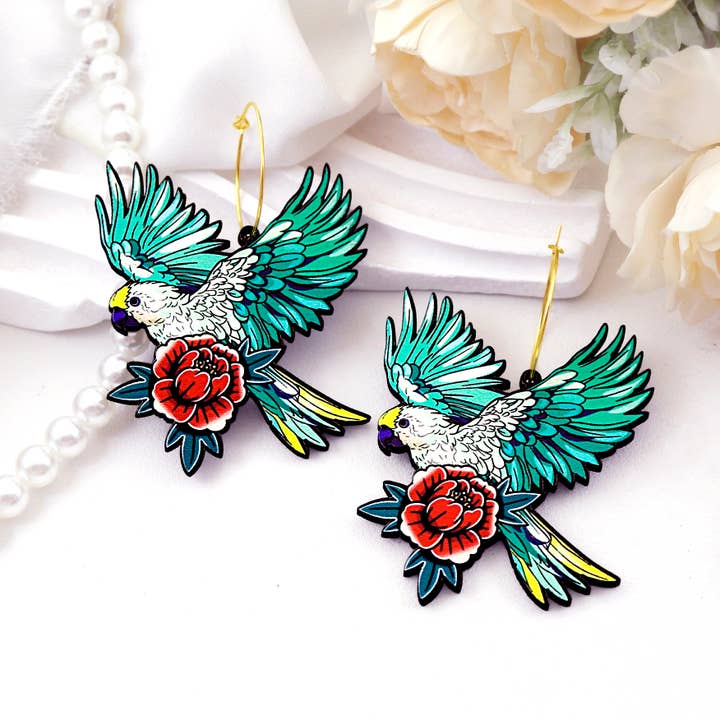 Vibrant Green Parrot Wooden Earrings for wholesale by HappyJewelrySupplies