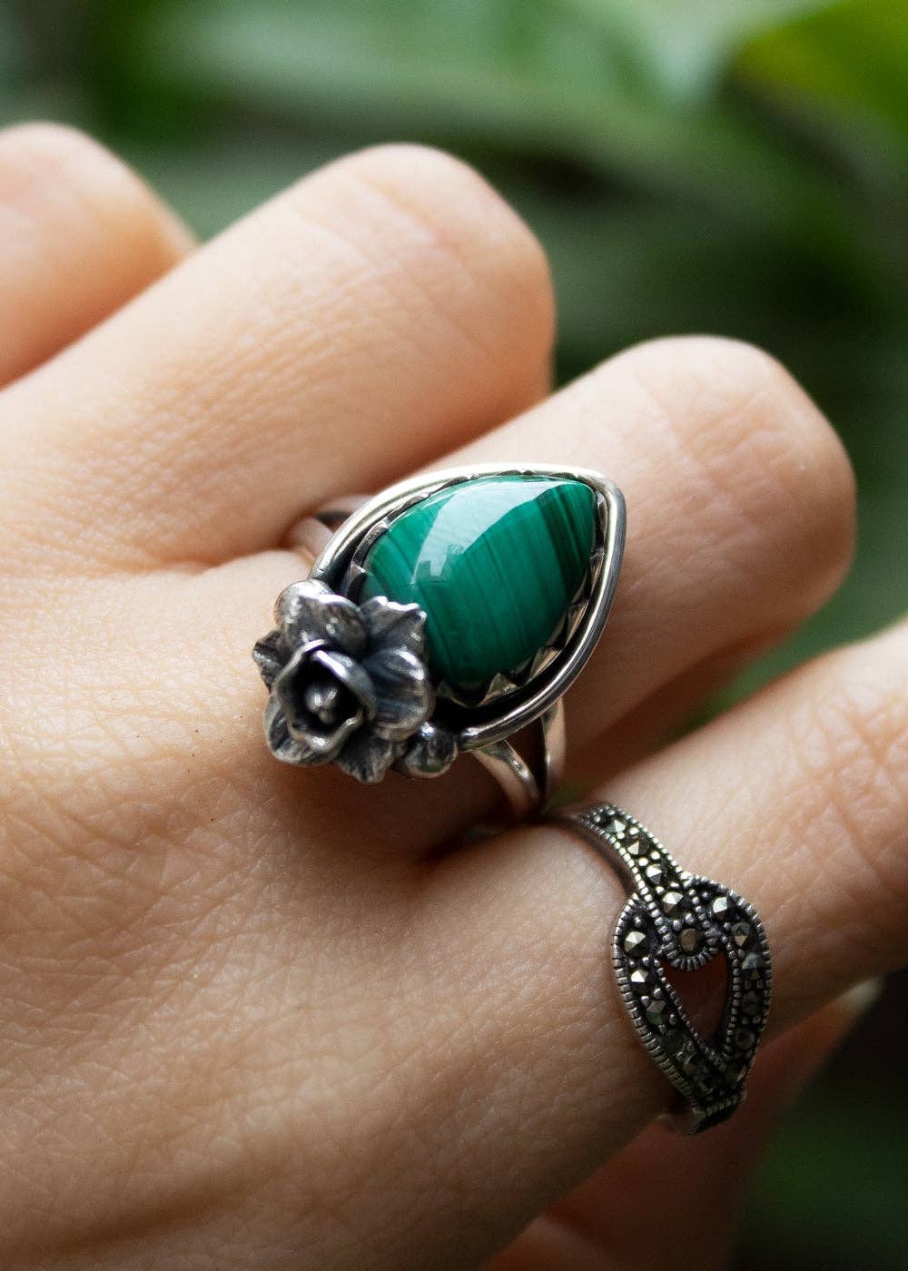 Ambra Jewels - Wholesale Cocktail/Statement Ring - Petite Floral Radiance Malachite Ring, AR-69135