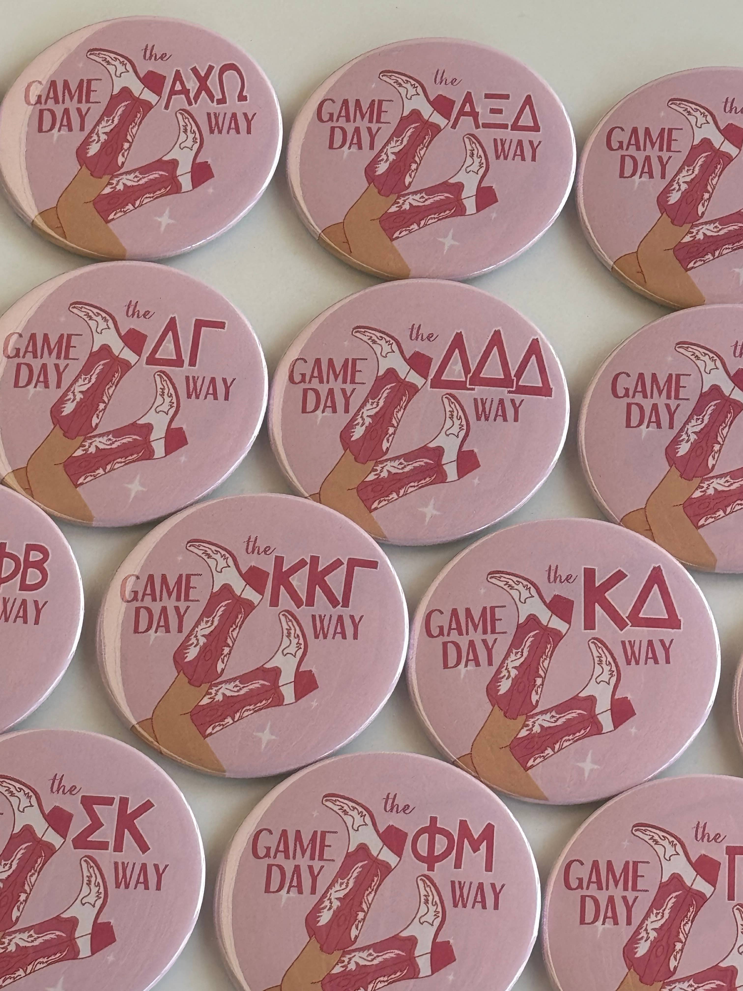 Buttongirl99 - Wholesale Lapel Pin/Button - Sorority 3" Button - Pink Boots3