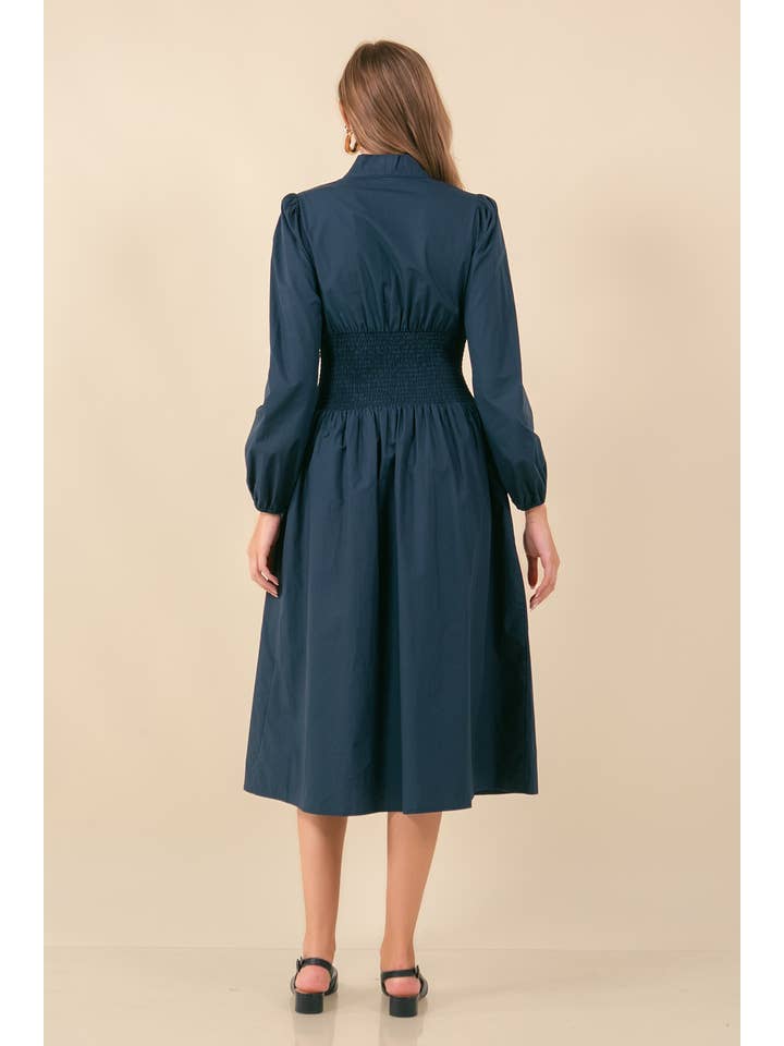 Doe and Rae - Wholesale Dress - Women's - Cotton Poplin Smocked Waist Zip-Front Midi Dress - 27861D