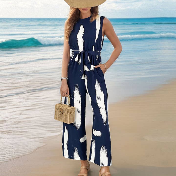 NAVY sleeveless printed jumpsuit for wholesale on Faire