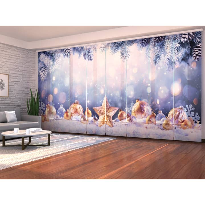Set of 8 Gold Star and Snow Christmas Panel Curtains for wholesale by IlyDecor