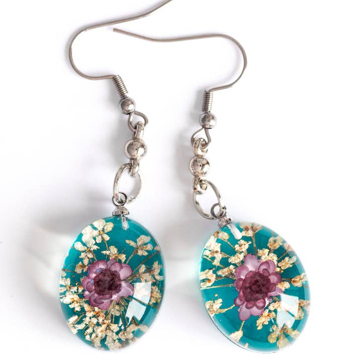 Purple-Blue Orb Bea Earrings for wholesale by Hanami Real Flower Jewelry