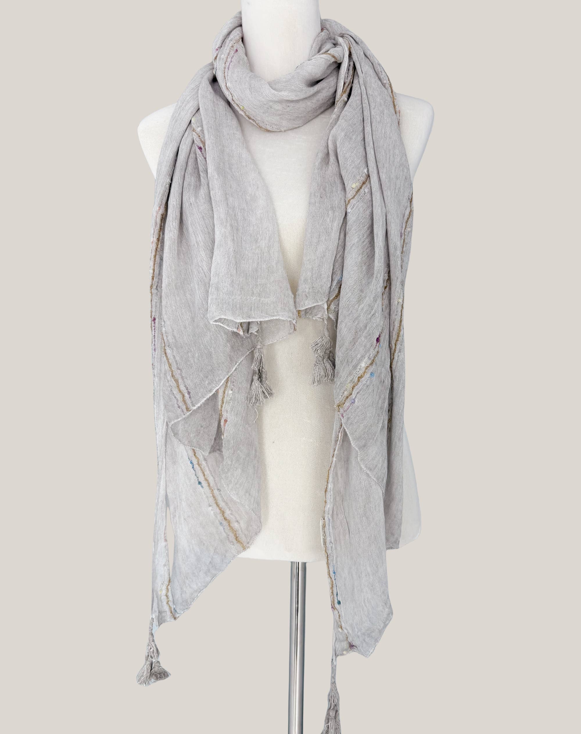 JC Sunny Fashion – wholesale Scarf – Women's – JC023516 Classic Ethnic Solid Tassels Scarf with Embroidered Stripes2