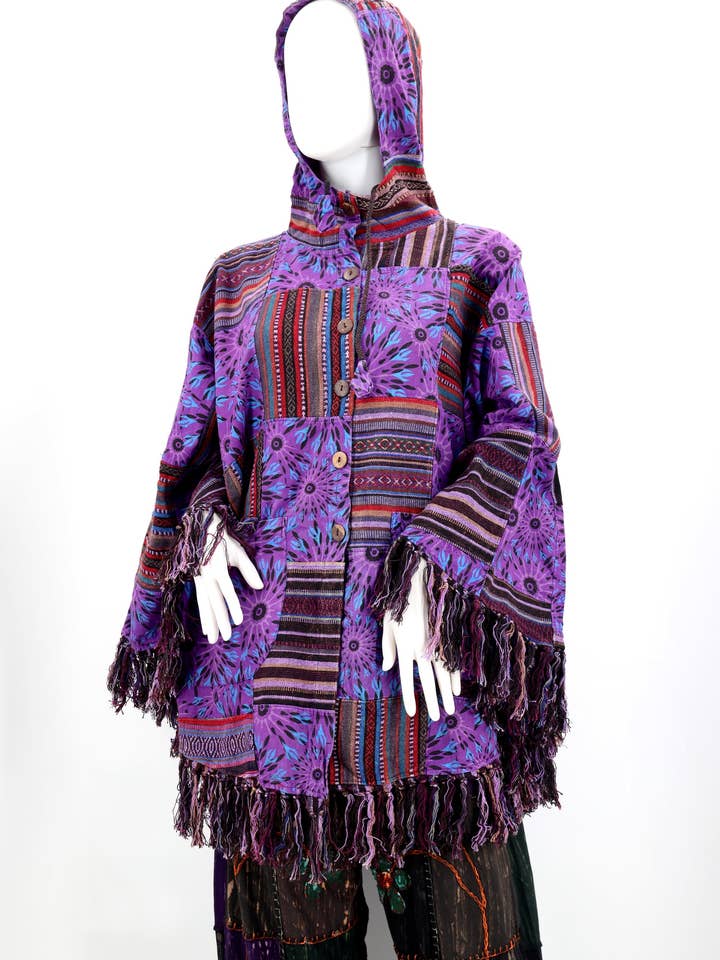 Cotton Hippie Handmade Geometric Patterned Patchwork Bohemian Poncho with Tassels for wholesale by Himalaya Handmade