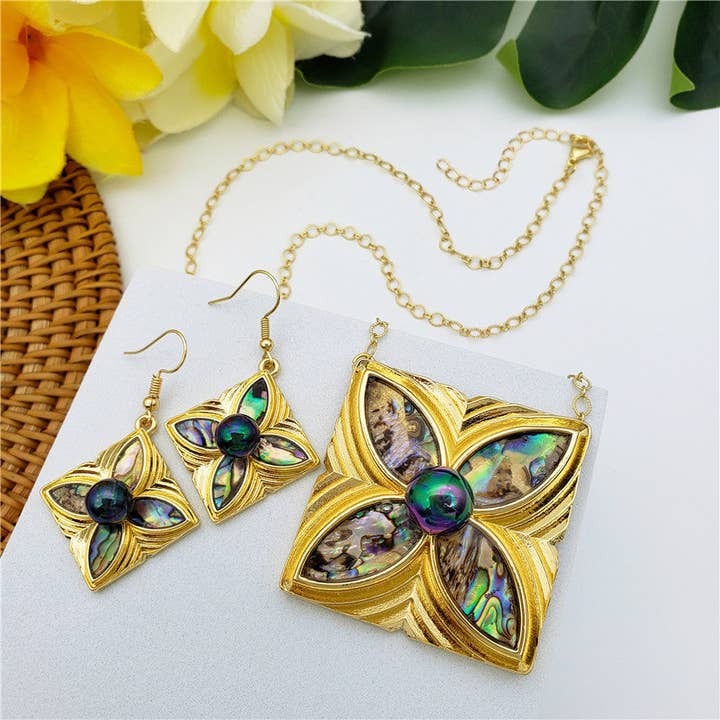 Set Of Square Earrings And Necklace Inlaid With Metallic Green-Purple And A Metallic Green-Purple Pearl for wholesale by S&T Collections