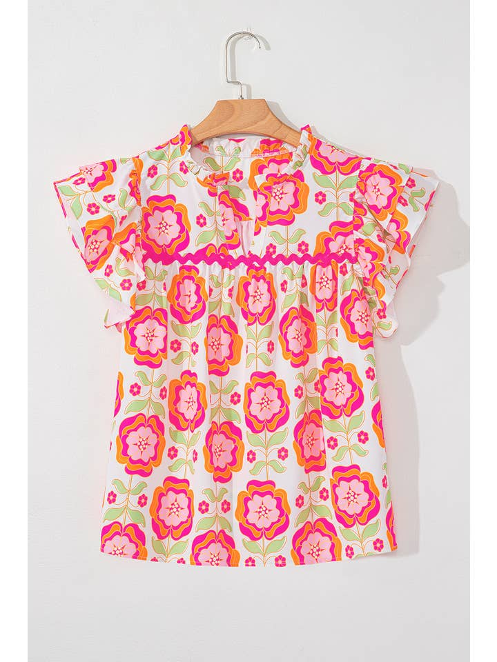 Multi Colored Floral Ruffle Sleeve Ric-Rac Trim Split Neck Blouse (S-XL) for wholesale on Faire