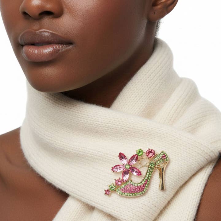 Broche AKA Alfinete de Flor de Salto Alto com Cristais Rosa e Verde por atacado de PinktownUSA