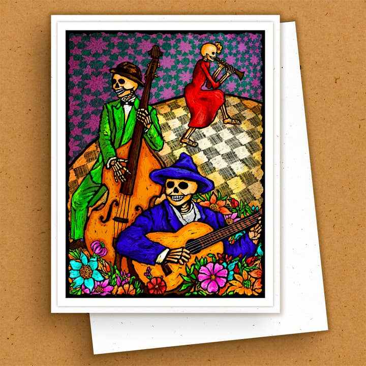 Cartão de Felicitações Feito à Mão - Dia dos Mortos - Músicos por atacado de The Kaleidoscope Designs