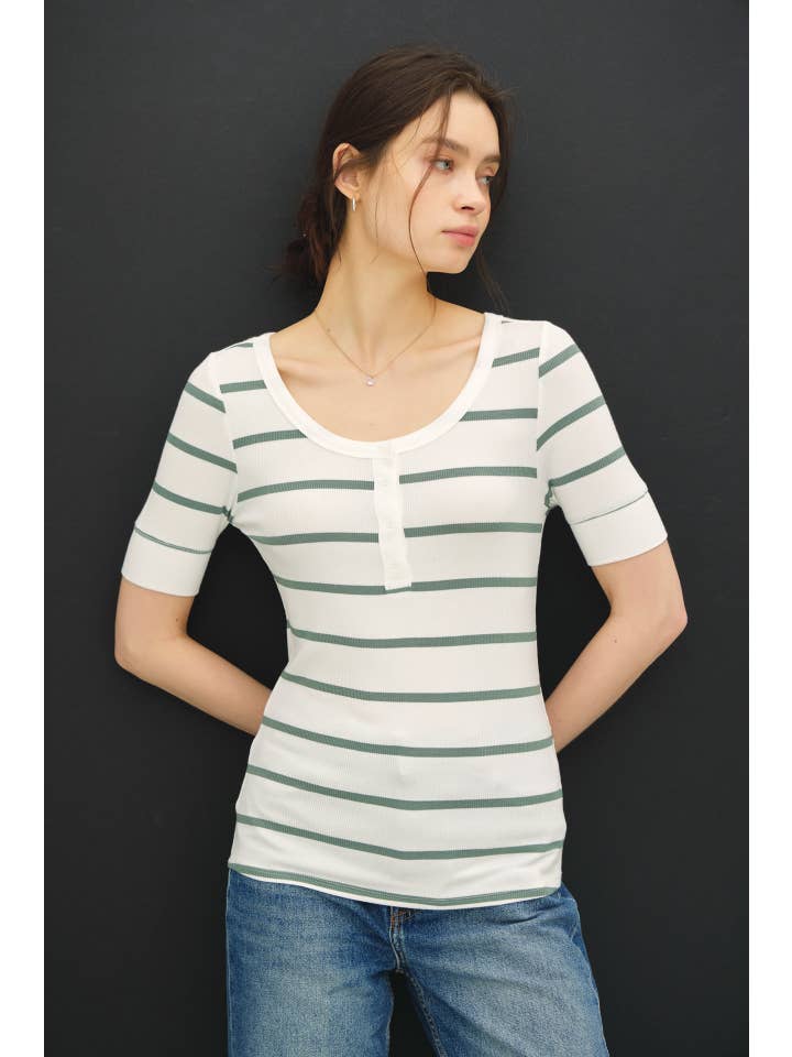 Be Cool - Wholesale Knit Top - Women's - CLASSIC RIBBED STRIPED HENLEY NECK SHORT SLV TOP