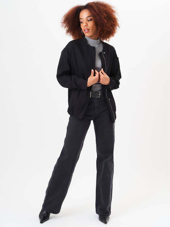 Black Zip Up Oversized Bomber Jacket for wholesale by GINI LONDON