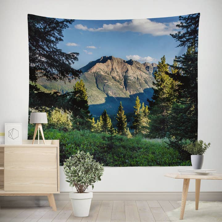 Mountain Peak Wall Tapestry, Colorado Forest Wall Hanging for wholesale by lostkatphoto