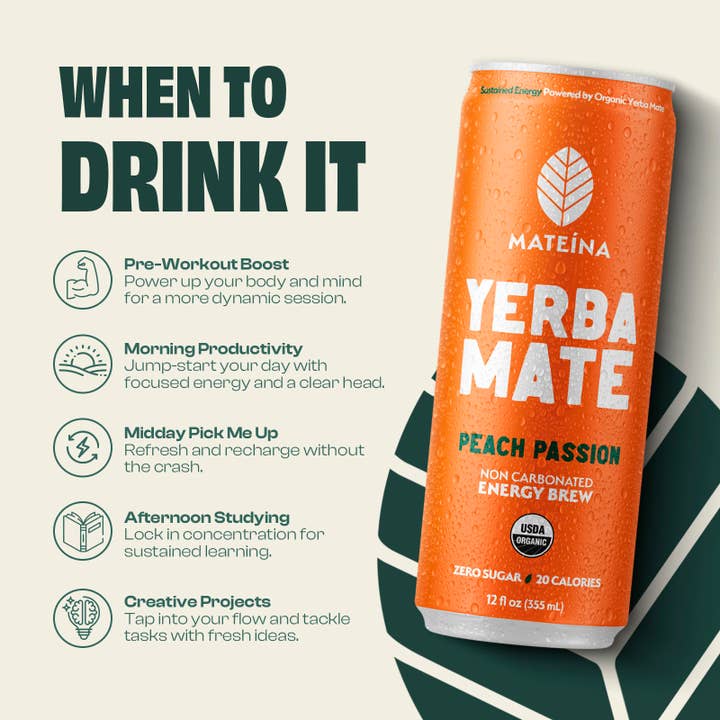Mateina - Wholesale Sports/Energy Drink - Peach Passion | Mateina Yerba Mate 12 Pack (12oz Cans)5