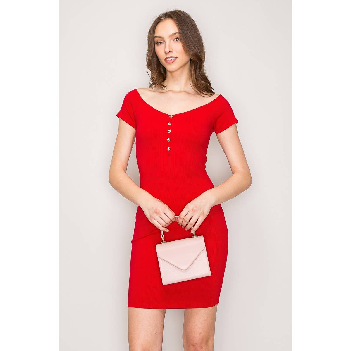 Popular 21 – wholesale Dress – Women's – Buttoned Ribbed Off Shoulder Bodycon Mini Dress 7