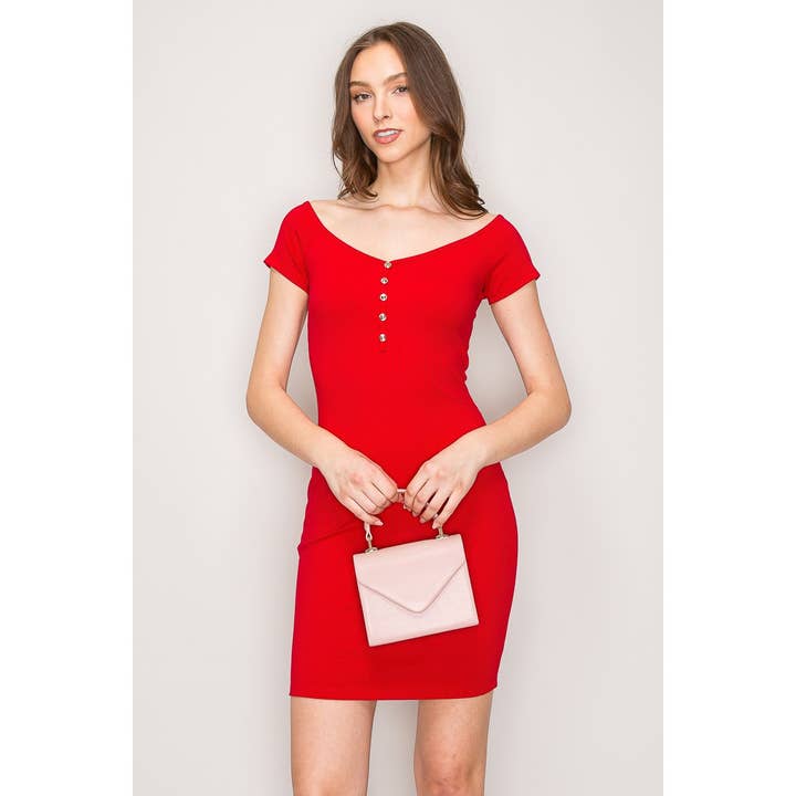 Popular 21 – wholesale Dress – Women's – Buttoned Ribbed Off Shoulder Bodycon Mini Dress 7