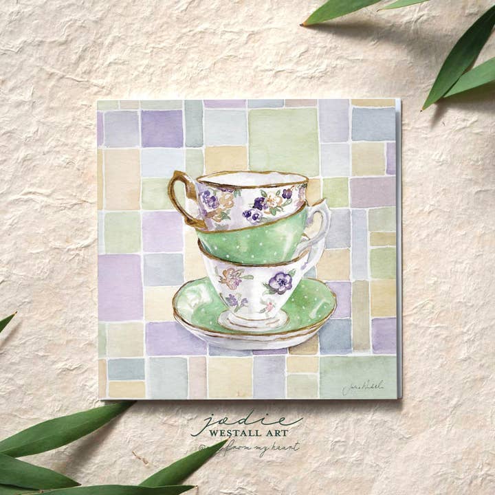 Jodie Westall Art - Wholesale Everyday greeting card - 'Teacups on tablecloth' - greeting card