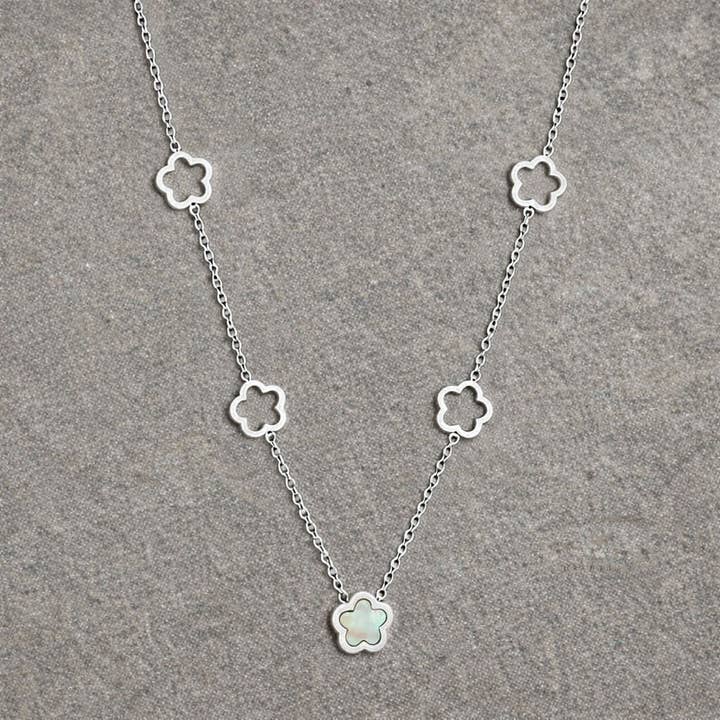 Tarnish Resistant Pearlescent Flower Necklace for wholesale by Flax Barn