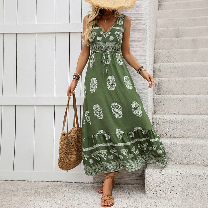 Boho V-neck high waist vacation print dress for wholesale by Lily Clothing