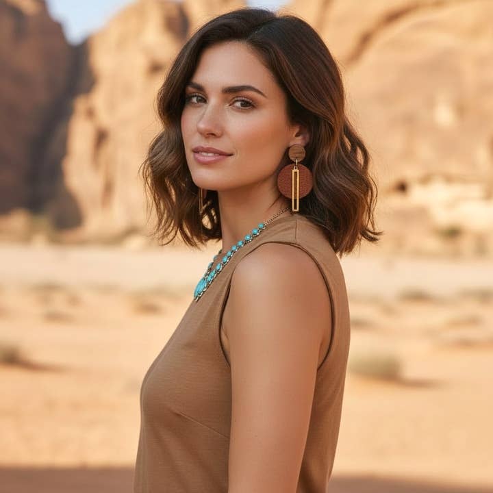 Morgan Wooden Stud Earrings in Rustic Brown Leather for wholesale by Libra Ris↟ng By Yoali