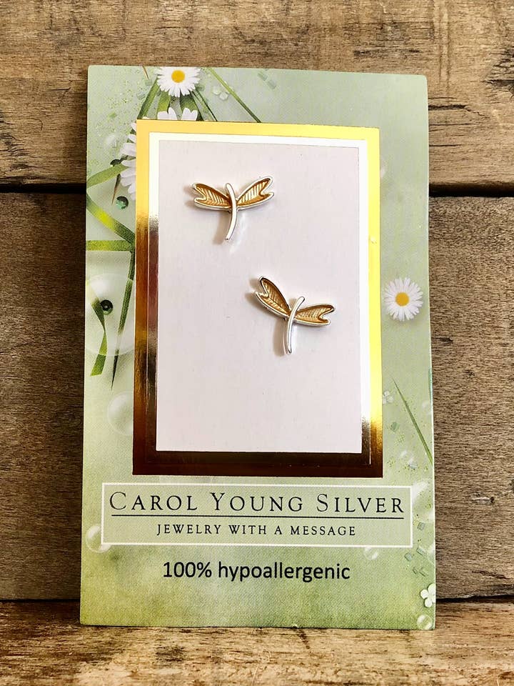 Dragonfly Jewelry Earirngs, Petite Gold/Silver Tone on CARD for wholesale by Carol Young Silver