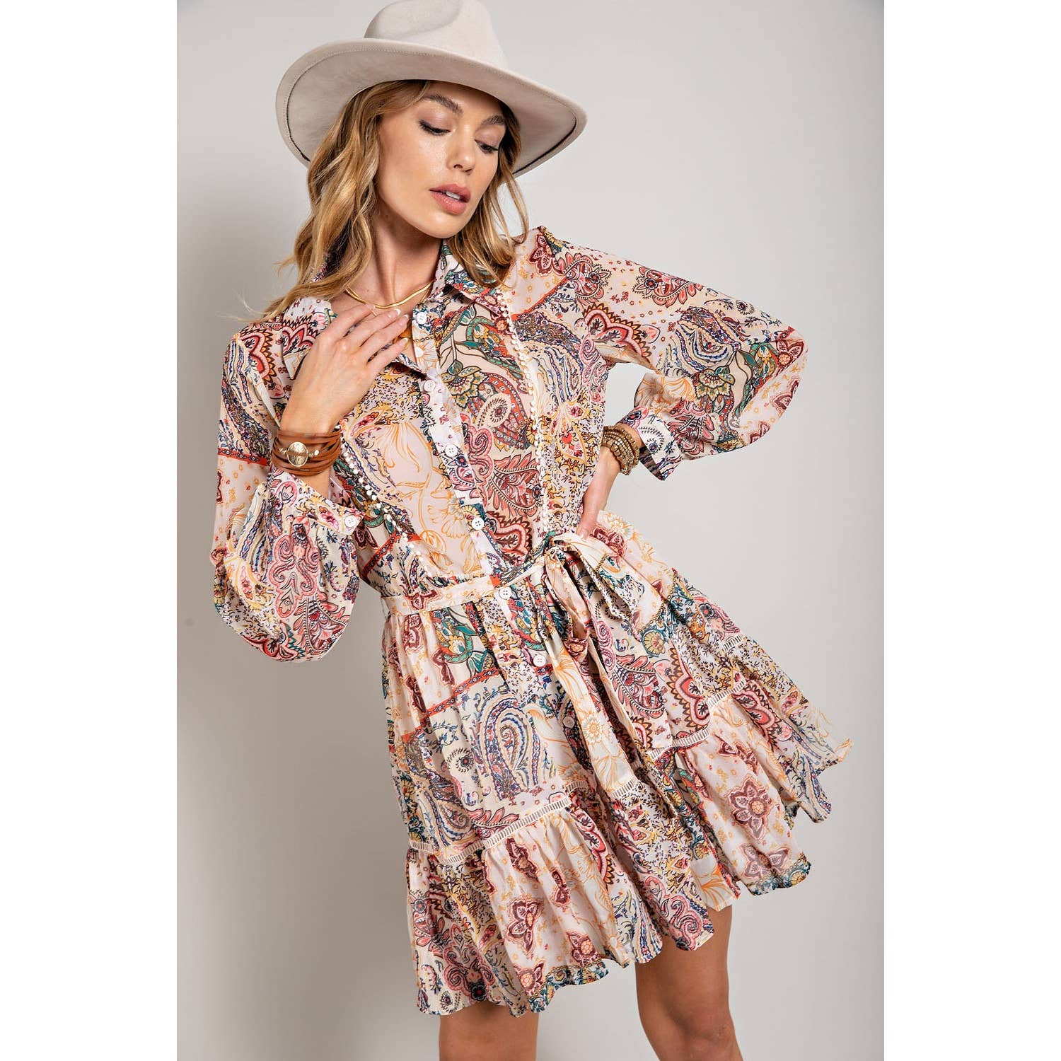 Sweet Generis – wholesale Dress – Women's – FLOWER PRINT LONG SLEEVE SHIRT DRESS1