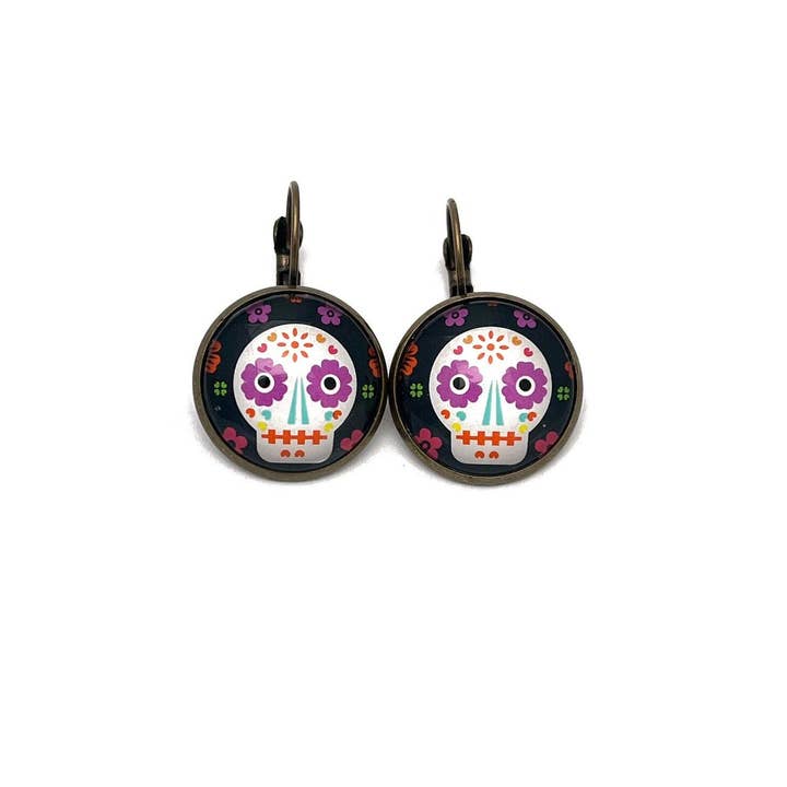 Postage Stamp Jewelry - Wholesale Clip-On Earrings - 2021 Day of The Dead - Sugar Skull - USA Stamp - Postage stamp jewelry - Postage Stamp Earrings - French clip earrings in bronze finish