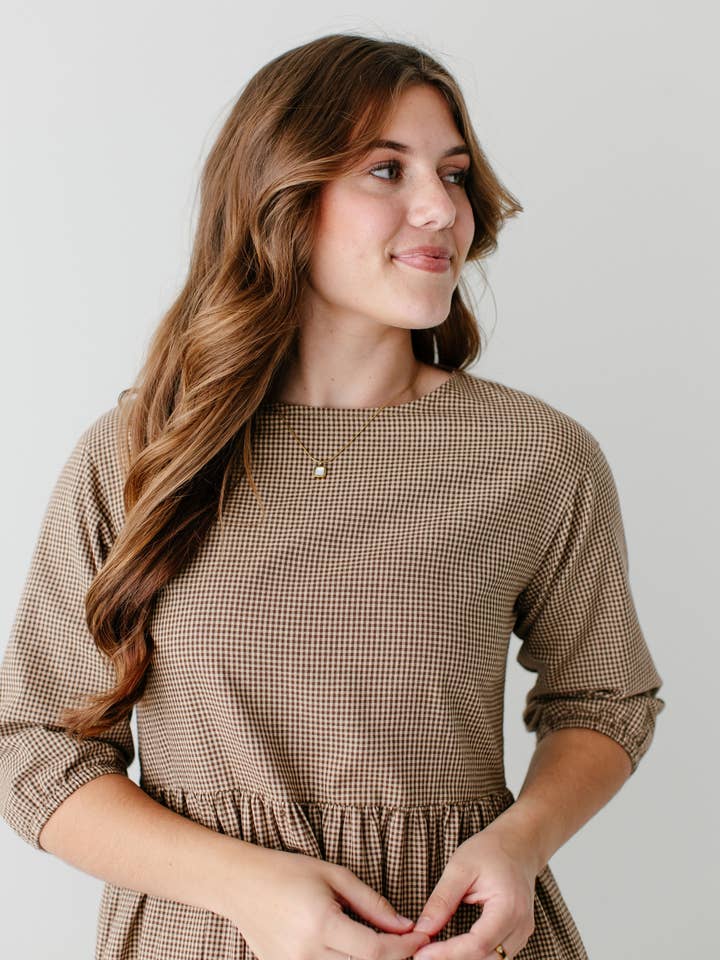 Brown 'Beth' Cotton Gingham Maxi Dress for wholesale on Faire3