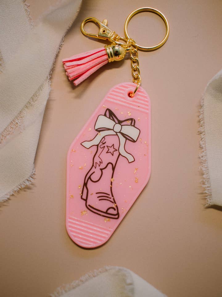 Pink Bow Boot Keychain for wholesale by Blush & Brim Co