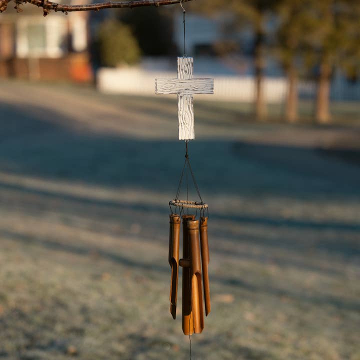 Christian Cross Bamboo Wind Chime - White Finish for wholesale by Cohasset Gifts