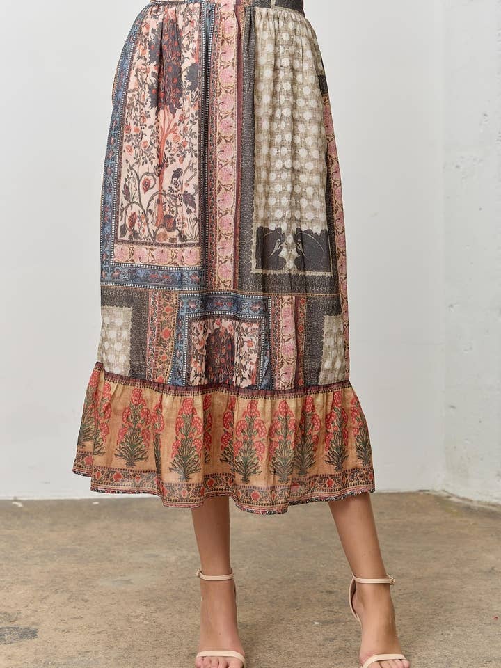 Bohemian Patchwork-Print Midirock für den Großhandel von Polagram by Wellmade USA