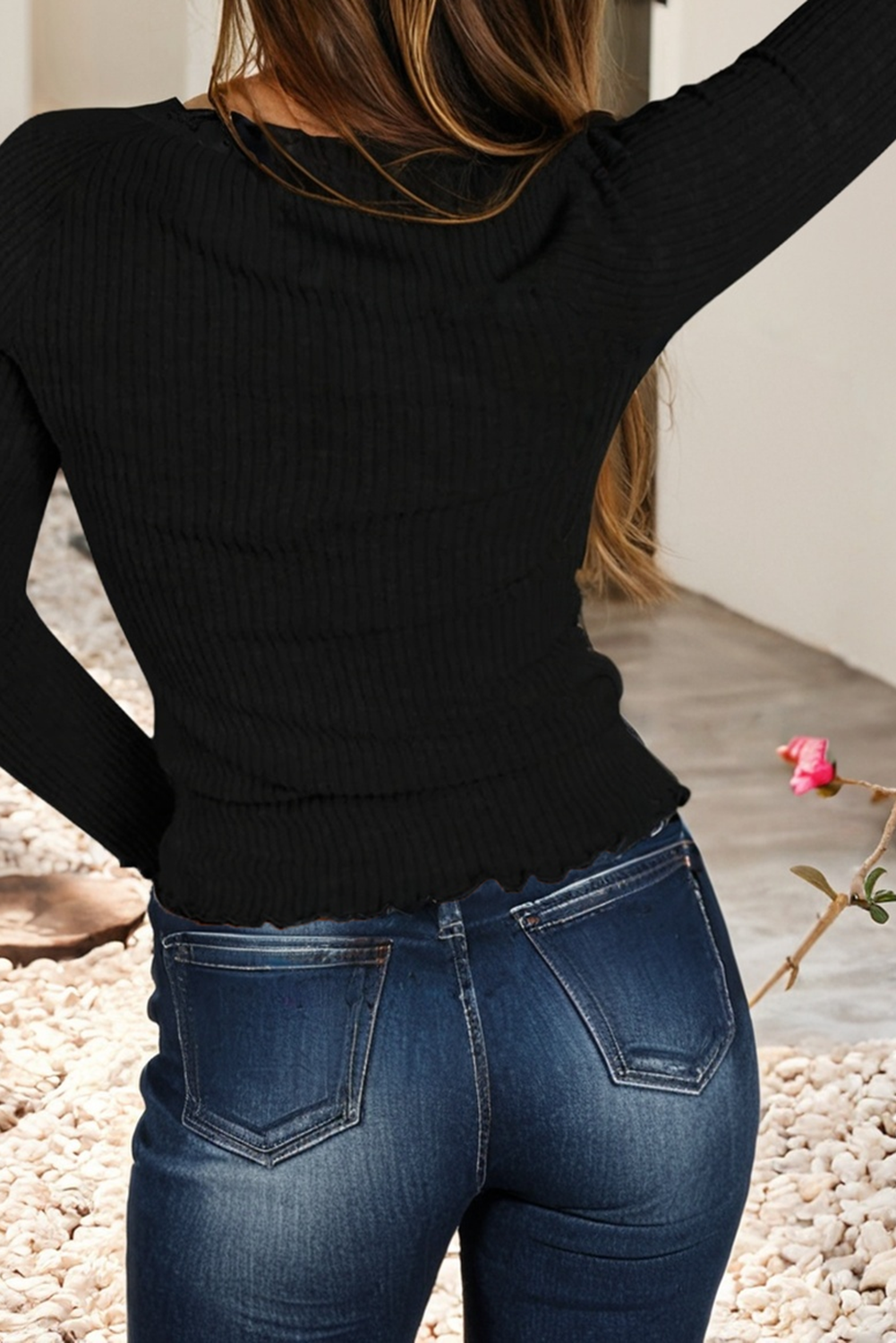 Little Daisy Closet - Wholesale Knit Top - Women's - LDC Lace U Neck Button Decor Lettuce Edge Ribbed Top6