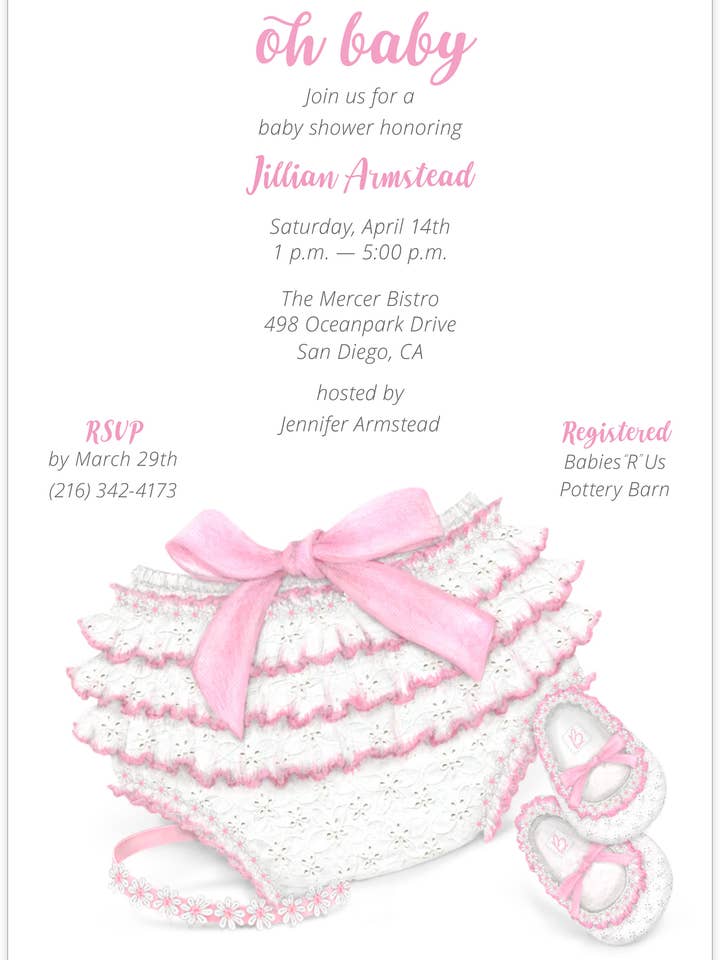 Invitación para baby shower de bragas y botines con volantes rosados para venta al por mayor de Ann Scott Design