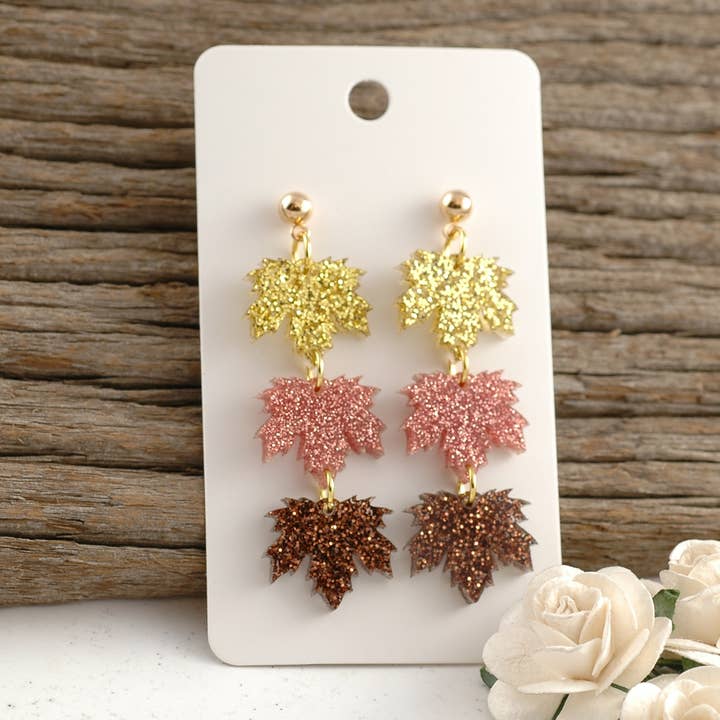Leaf Earrings Stacked leaves Dangle Post - Autumn - Acrylic for wholesale by Rocky Mountain Shops