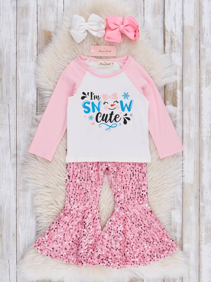 Marie Nicole Clothing - Wholesale Top & Pant Set - Kids - Pink "Snow Cute" Sequin Bell Bottoms Outfit