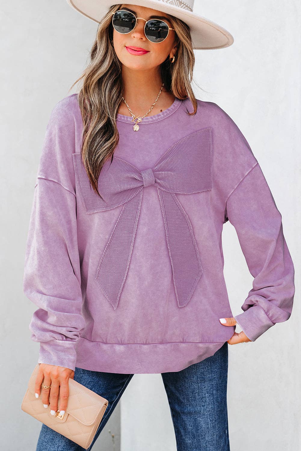 Lovesoft - Wholesale Sweatshirt - Women's - Orchid Bouquet Mineral Wash Big Bow Patchwork Pullover Sweatshirt8