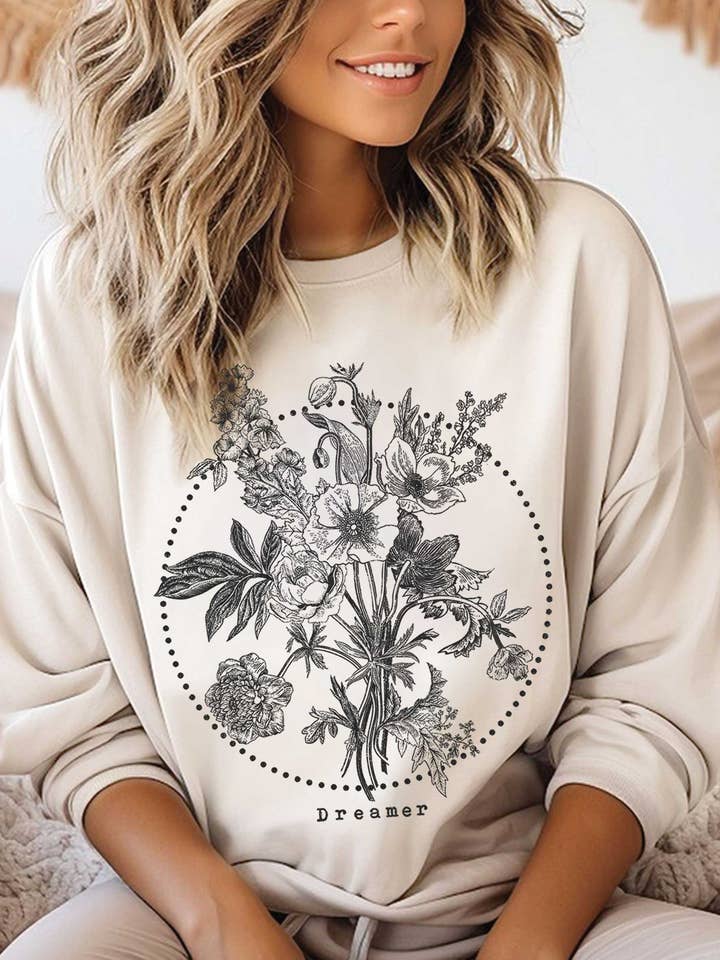 Rustee Clothing - Wholesale Graphic Sweatshirt - Women's - DREAMER FLOWER GRAPHIC BRUSHED SWEATSHIRTS4