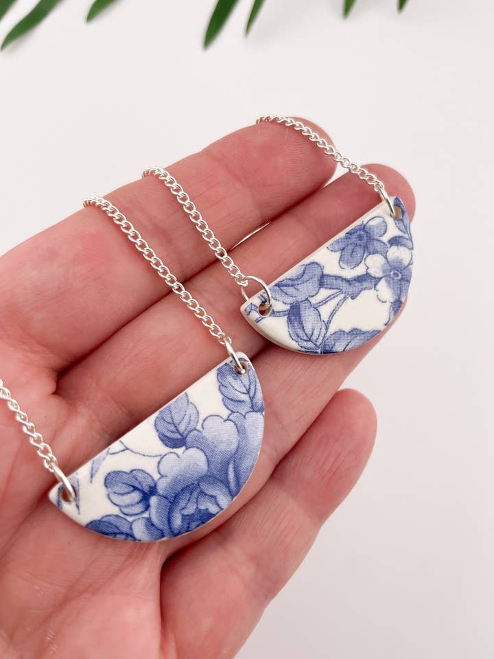 Blue China Semi Circle Pendant necklace on silver chain for wholesale by Clay Blanca