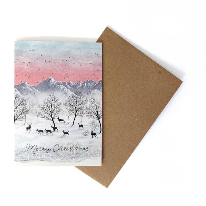 Deer Merry Christmas folding card for wholesale by Rebecca Reck Art