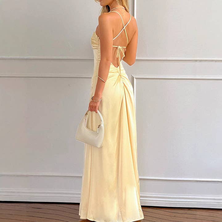 Sexy Yellow Backless Satin Evening Gown for wholesale by MoodGold