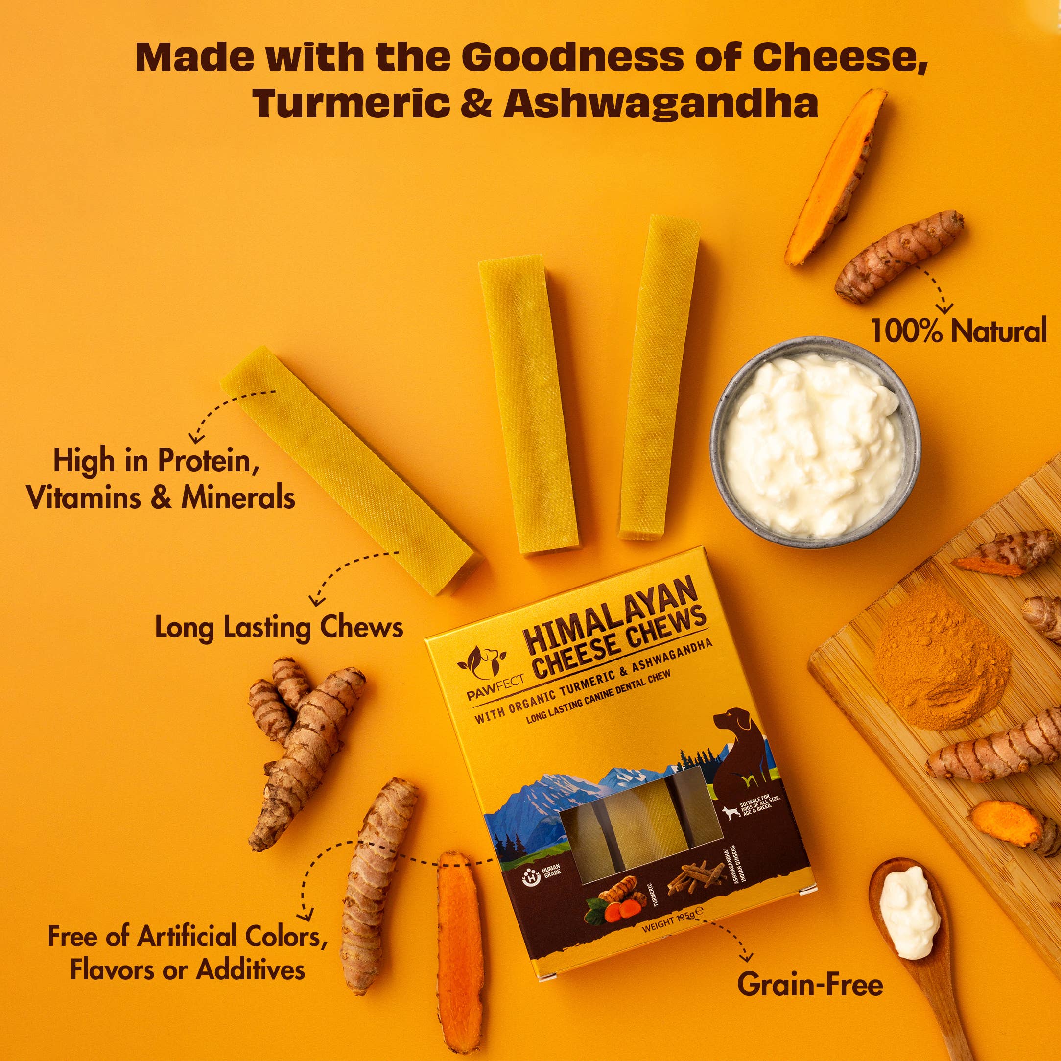 Pawfect Foods - Vente Friandises – chien - Friandises au fromage de l'Himalaya Pawfect avec curcuma et ashwagandha pour chiens|Bâtonnet dentaire 100% naturel|Nettoie les dents|Aide à éliminer la plaque et le tartre|Sans céréales|Mâche longue durée|Lot de 32