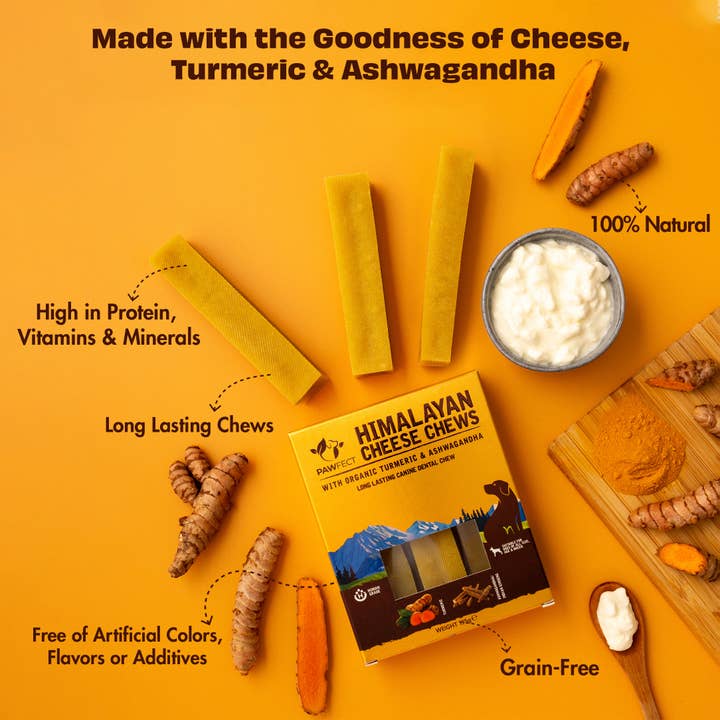 Pawfect Foods - Vente Friandises – chien - Friandises au fromage de l'Himalaya Pawfect avec curcuma et ashwagandha pour chiens|Bâtonnet dentaire 100% naturel|Nettoie les dents|Aide à éliminer la plaque et le tartre|Sans céréales|Mâche longue durée|Lot de 32