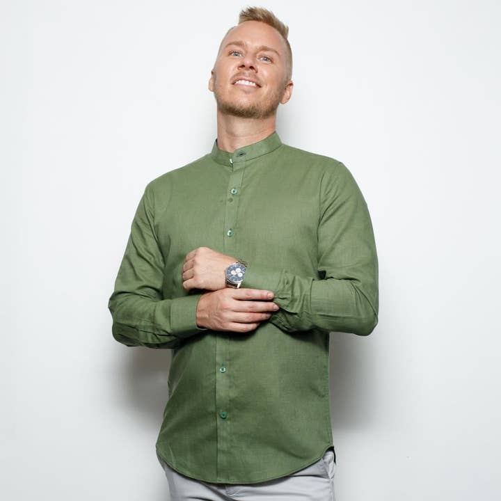 Green Linen Long Sleeve Shirt for wholesale by Stripes & Checks Inc