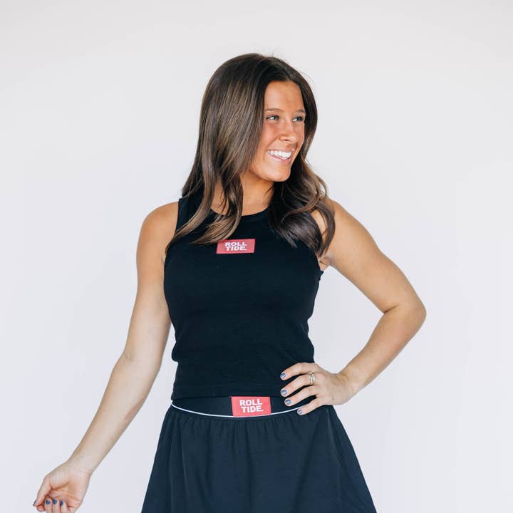 The Ali Airy Tank Black | Roll Tide Woven Label for wholesale by Scarlet & Gold