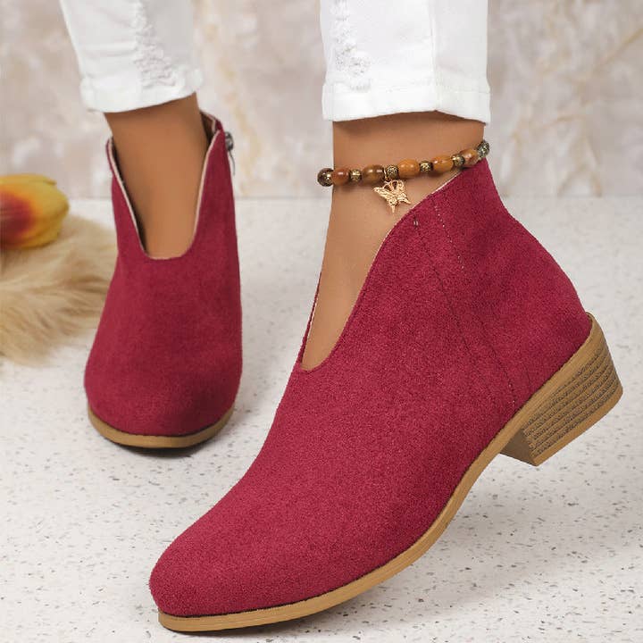 Serene Couture – Großhandel Stiefeletten – Damen – Herbst Winter Leopard Wurzel Stiefeletten Seitlicher Reißverschluss Runde Zehe V-Ausschnitt Wildleder Knöchelstiefel Damen
