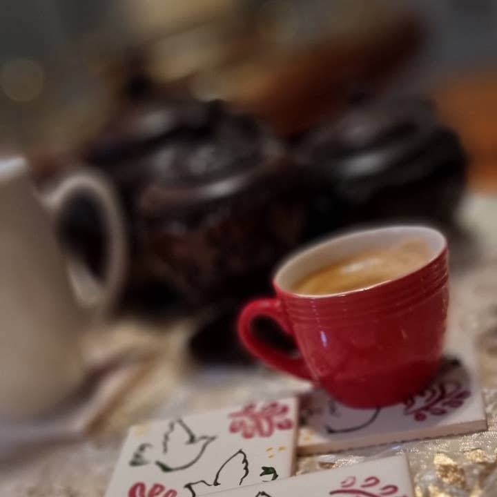 Handpainted Tiles: Coasters & Pot Holders - Playful Birds for wholesale by Hazbruk Ceramics