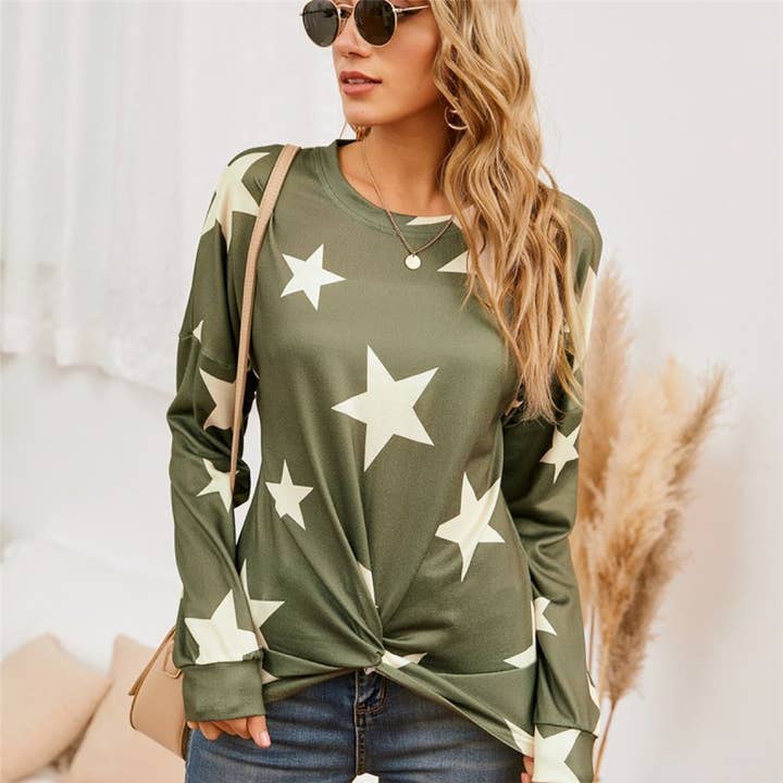 lässiges, atmungsaktives Langarm-T-Shirt mit lockerem Sternmuster für den Großhandel von kycozy
